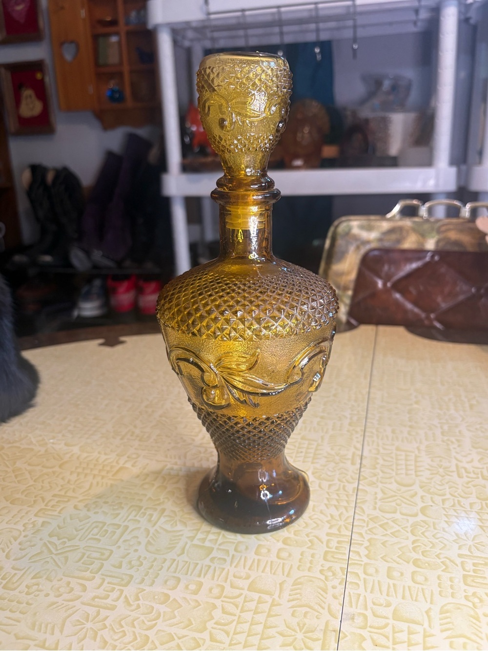 Vintage Amber Glass Decorative Decanter with Stopper